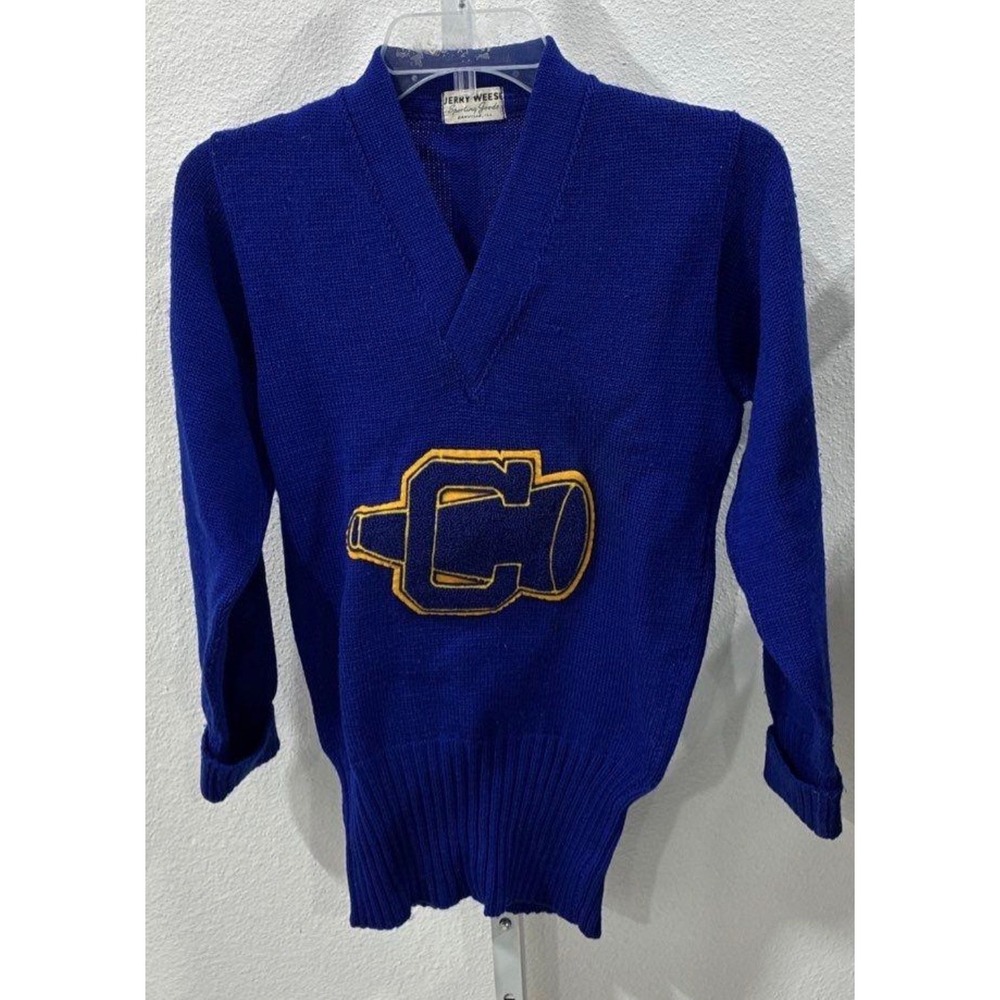 Vintage 50s Jerry Weese Sporting Goods Blue Cheerleader Sweater Chenille Patch C